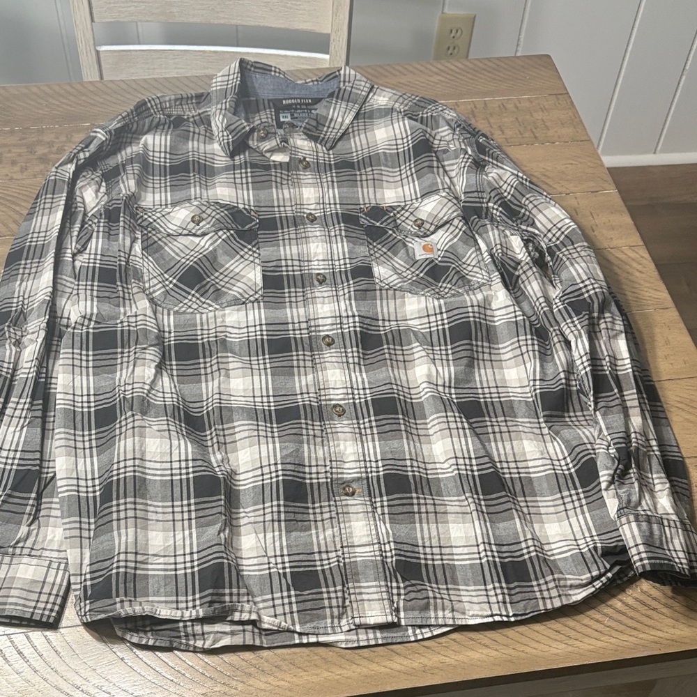 Carhartt Men's Gray and White Plaid Shirt